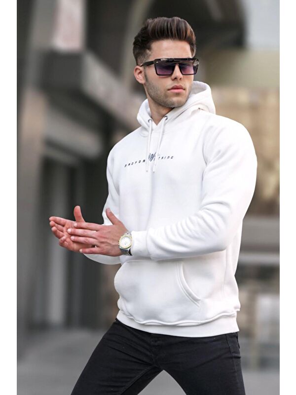 Madmext Ekru Basic Kapüşonlu Erkek Hoodie 6002