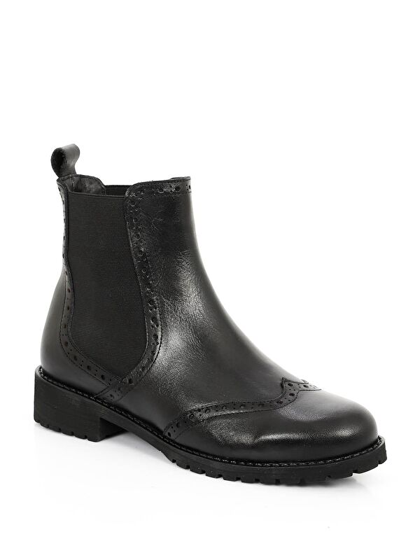 SİYAH Hakiki Deri Yuvarlak Burun Kauçuk Taban Topuklu Lastikli Kadın Günlük Chelsea Bot 48443 - Görsel 6