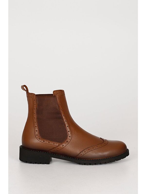 TABA Hakiki Deri Yuvarlak Burun Kauçuk Taban Topuklu Lastikli Kadın Günlük Chelsea Bot 48443 - Görsel 5