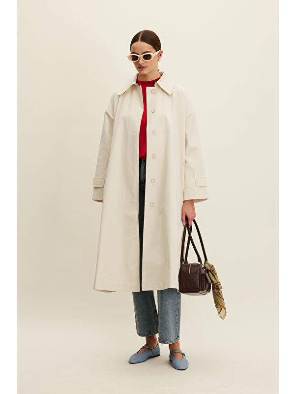 Manuka Kemerli Oversize Gabardin Trençkot Tereyağı