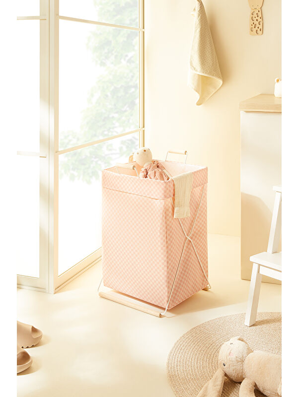 Ocean Home Textile Katlanabilir Metal Destekli Beyaz Renk Pembe Dama Desen Çamaşır Sepeti 36 x 33 x 60 cm