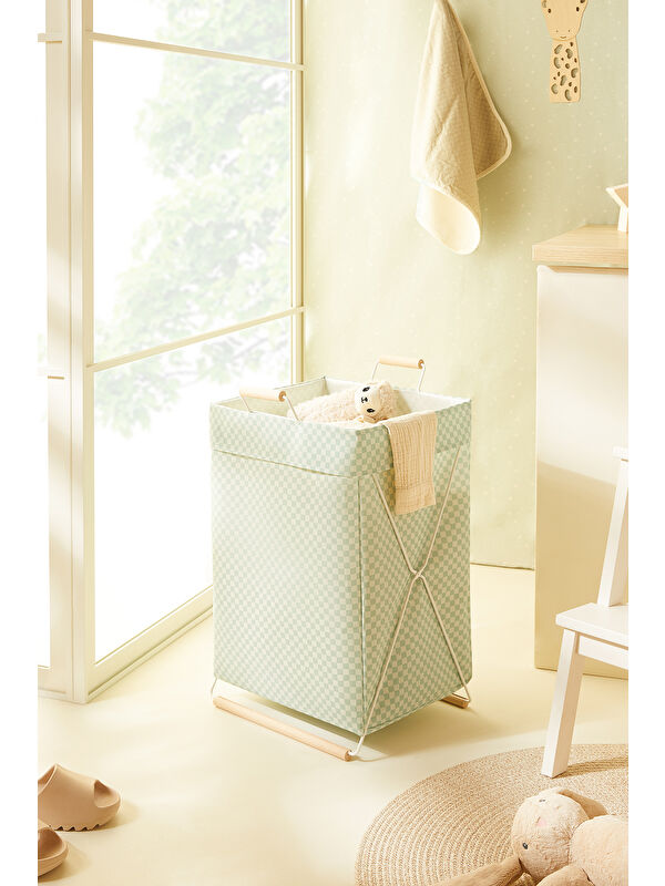 Ocean Home Textile Katlanabilir Metal Destekli Beyaz Renk Mint Dama Desen Çamaşır Sepeti 36 x 33 x 60 cm