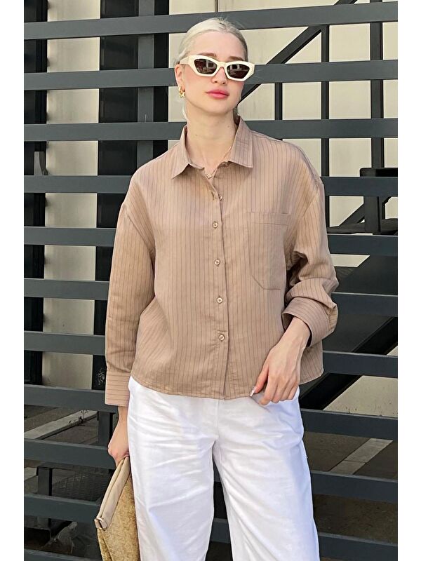 Madmext Camel Çizgili Oversize Kadın Gömlek Mg2093