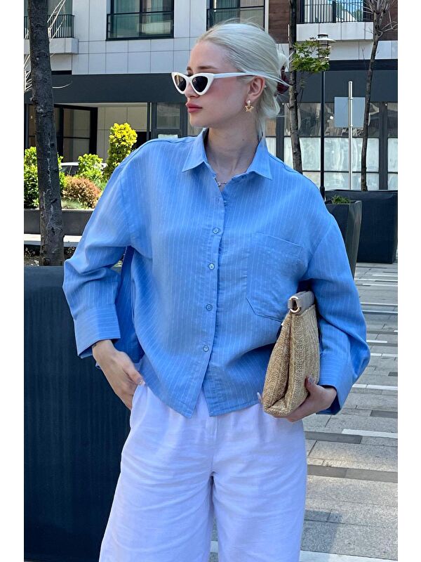 Madmext Mavi Çizgili Oversize Kadın Gömlek Mg2093