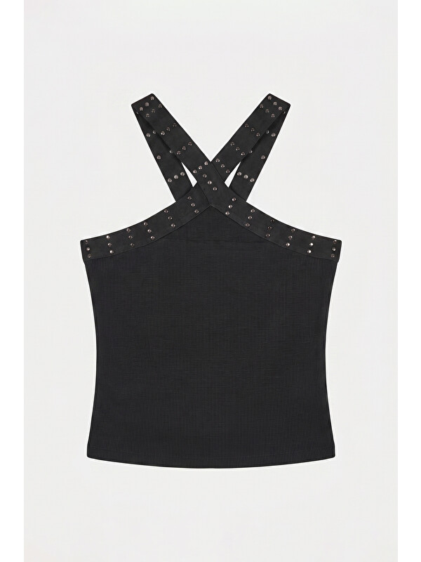 It's Basic Kadın Siyah s6-1 Crop Parlak Taş Detaylı Boyundan Askılı Tasarım Body