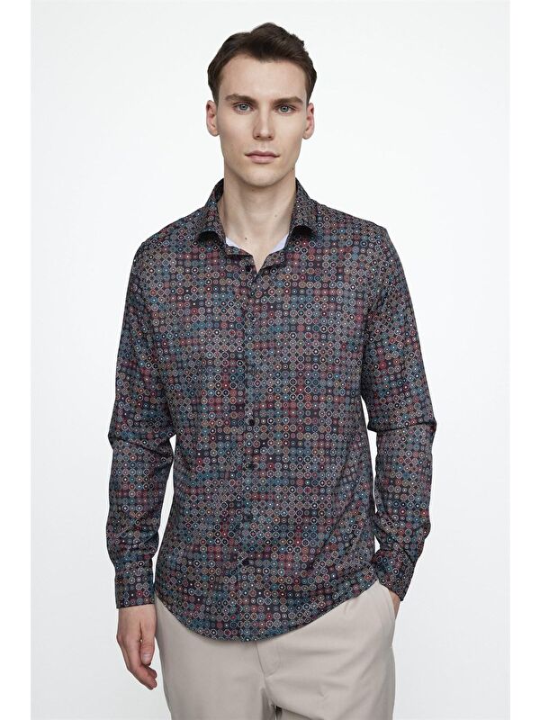 TUDORS Tudors Slim Fit Dar Kesim Uzun Kollu Elastanlı Baskılı Yüksek Yaka Erkek Çok Renkli  Gömlek