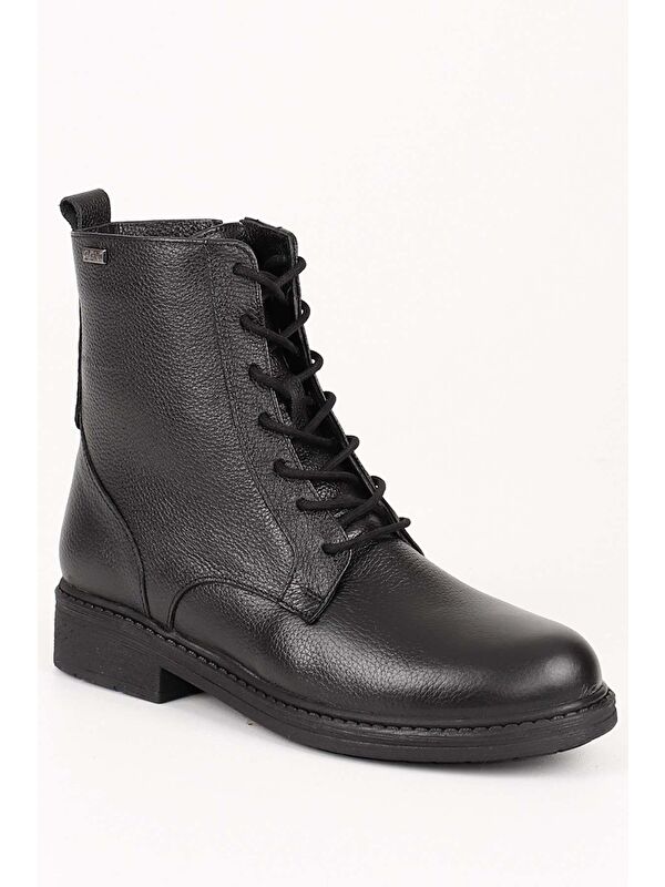 SİYAH Hakiki Deri Yuvarlak Burun Kauçuk Taban Topuklu Fermuarlı Bağcıklı Kadın Günlük Postal Bot 42 - Görsel 6