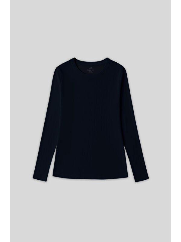 Tommylife Lacivert O Yaka Standart Fit Uzun Kollu Basic Kadın T-Shirt - 97312