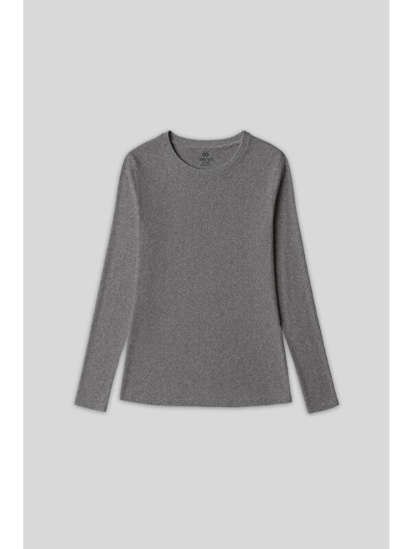 Tommylife Gri Melanj O Yaka Standart Fit Uzun Kollu Basic Kadın T-Shirt - 97312