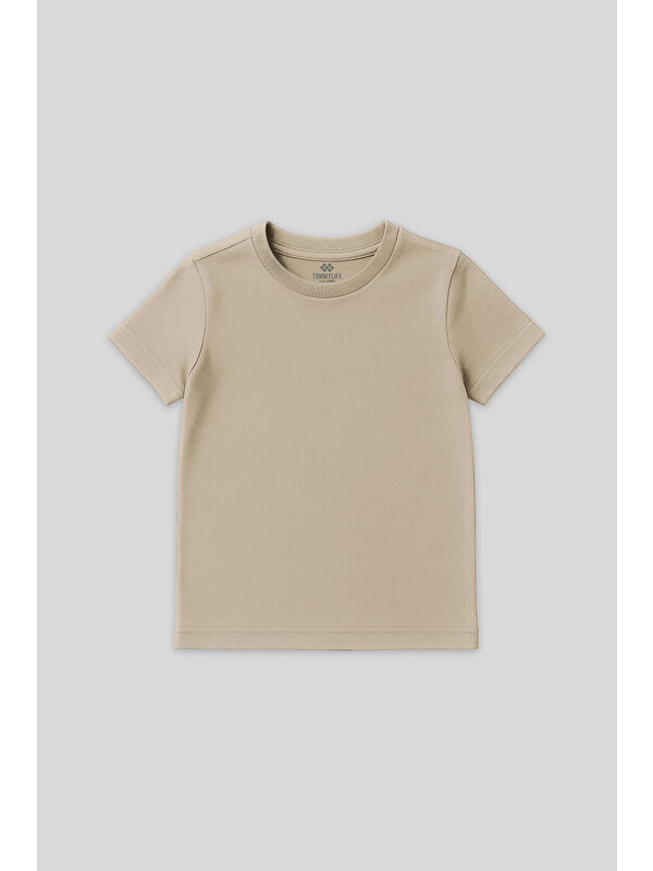 Tommylife Bej O Yaka Standart Fit Basic Unisex Çocuk T-Shirt - 11328