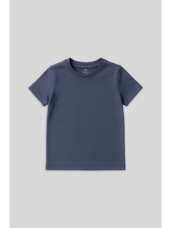 Tommylife Koyu Mavi O Yaka Standart Fit Basic Unisex Çocuk T-Shirt - 11328