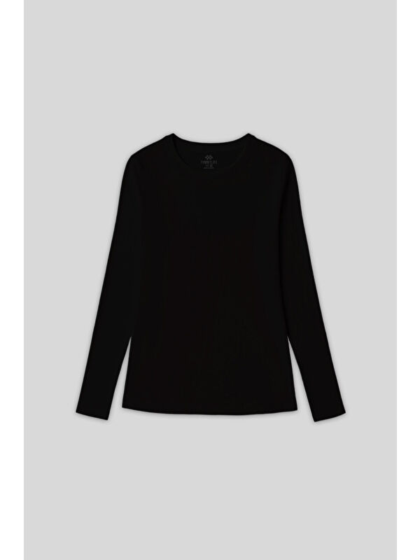 Tommylife Siyah O Yaka Standart Fit Uzun Kollu Basic Kadın T-Shirt - 97312