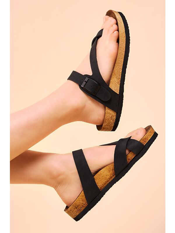 Kadın Siyah Rahat Kalıp Poli Taban Çapraz Model Nubuk Parmak Arası Terlik - Görsel 3