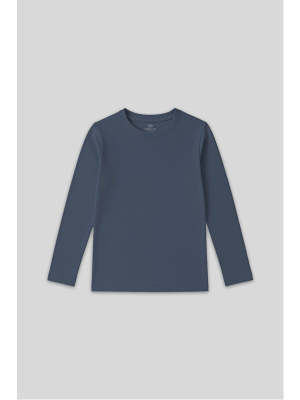 Tommylife Koyu Mavi O Yaka Standart Fit Basic Uzun Kollu Unisex Çocuk T-Shirt - 11329