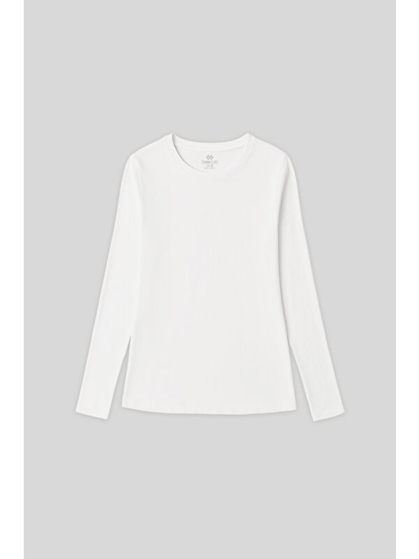 Tommylife Beyaz O Yaka Standart Fit Uzun Kollu Basic Kadın T-Shirt - 97312