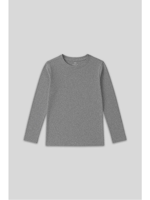 Tommylife Gri Melanj O Yaka Standart Fit Basic Uzun Kollu Unisex Çocuk T-Shirt - 11329