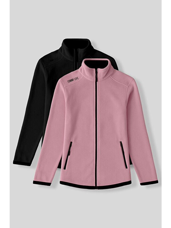 Tommylife Rahat Form Dik Yaka 2li Paket Siyah-Gül Kurusu Kadın Polar Sweatshirt - 97173