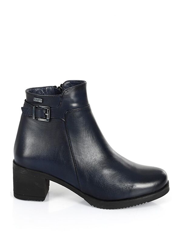 LACİVERT Hakiki Deri Yuvarlak Burun Topuklu Fermuarlı Tokalı Kadın Günlük Bot 47453 - Görsel 5