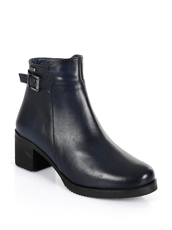 LACİVERT Hakiki Deri Yuvarlak Burun Topuklu Fermuarlı Tokalı Kadın Günlük Bot 47453 - Görsel 6