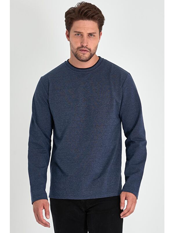 Mmetalic Erkek İndigo Çift Bisiklet Yaka Standart Rahat Kesim Büyük Beden Sweatshirt