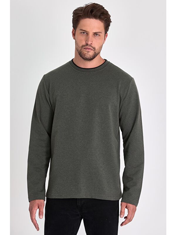 Mmetalic Erkek Haki Çift Bisiklet Yaka Standart Rahat Kesim Büyük Beden Sweatshirt