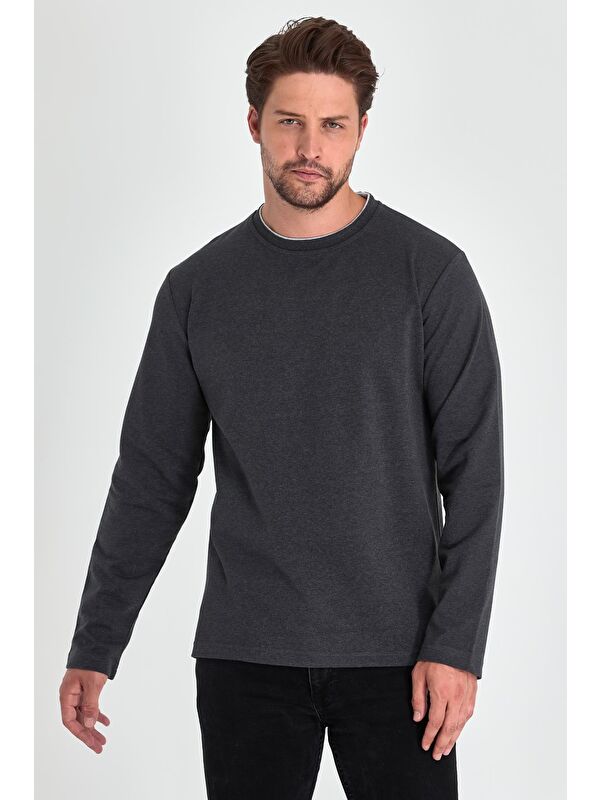 Mmetalic Erkek Antrasit Çift Bisiklet Yaka Standart Rahat Kesim Büyük Beden Sweatshirt
