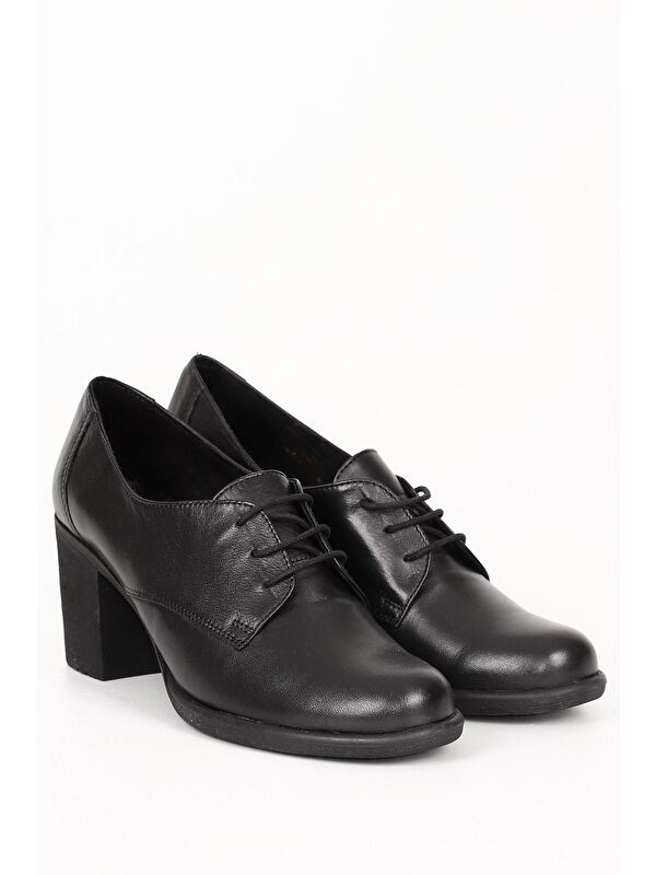 SİYAH Hakiki Deri Yuvarlak Burun Orta Topuklu Kauçuk Taban Bağcıklı Kadın Ayakkabı 24135 - Görsel 3