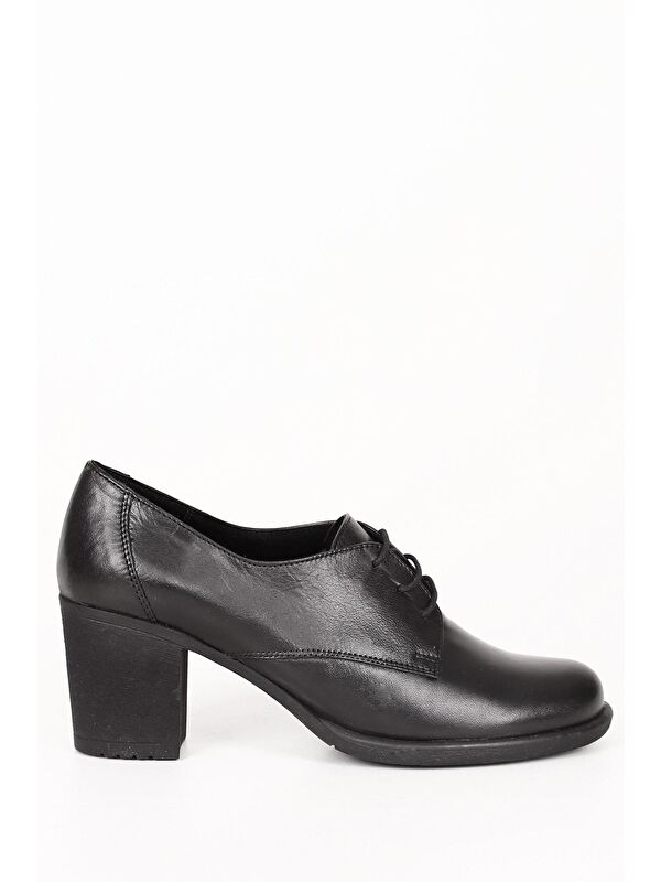 SİYAH Hakiki Deri Yuvarlak Burun Orta Topuklu Kauçuk Taban Bağcıklı Kadın Ayakkabı 24135 - Görsel 5
