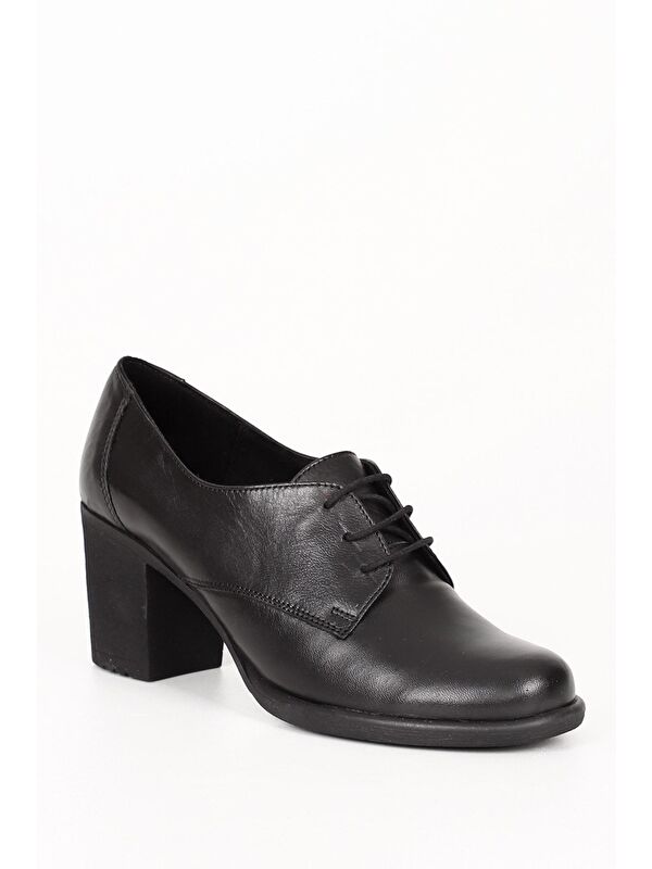 SİYAH Hakiki Deri Yuvarlak Burun Orta Topuklu Kauçuk Taban Bağcıklı Kadın Ayakkabı 24135 - Görsel 6