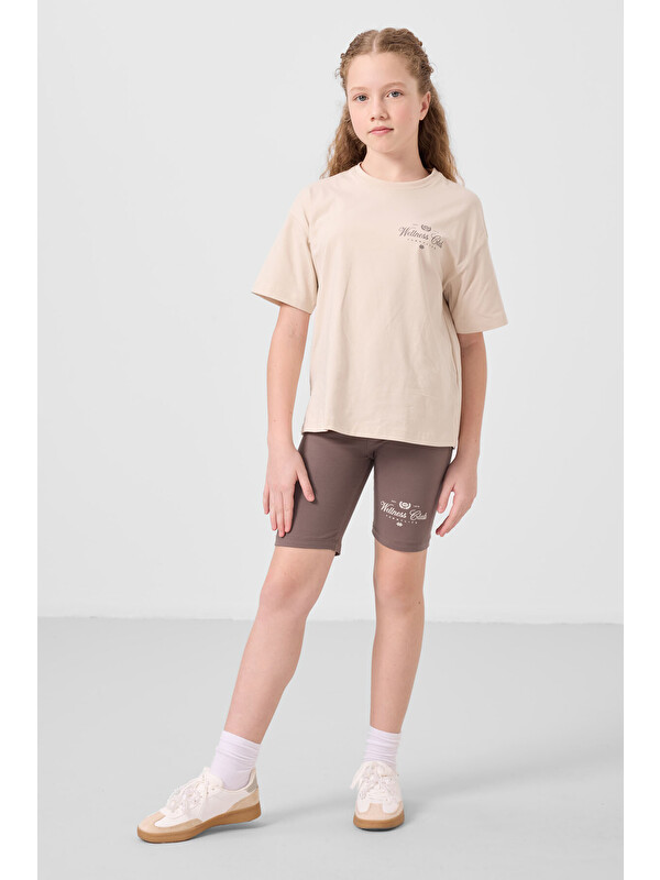 Tommylife Bej-Kahverengi Pamuklu O Yaka Standart Fit Baskılı Kız Çocuk Tayt Takım - 75190