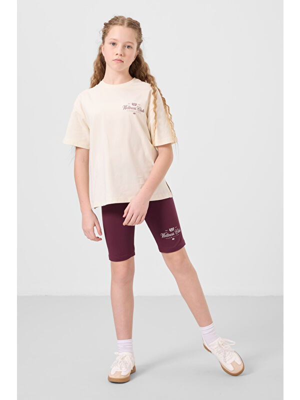Tommylife Ekru-Bordo Pamuklu O Yaka Standart Fit Baskılı Kız Çocuk Tayt Takım - 75190