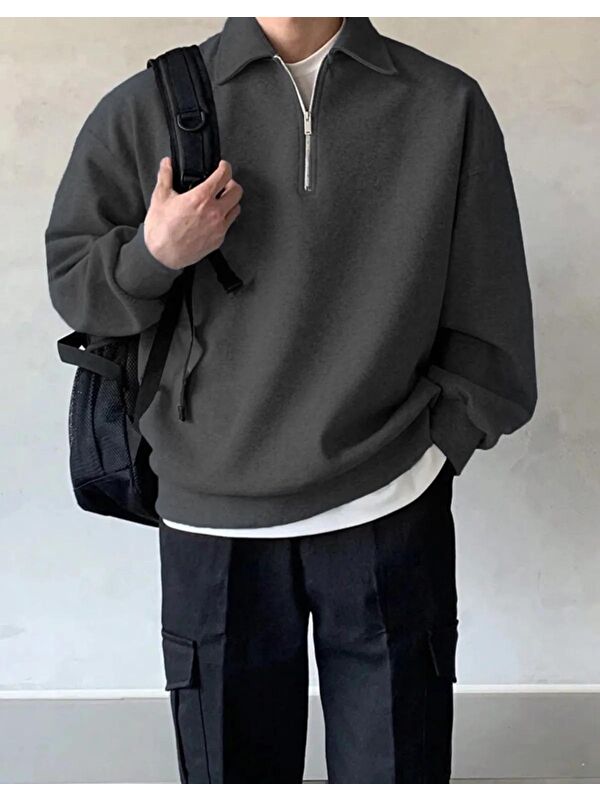 Genius Store Erkek Polo Yaka Yarım Fermuar Sweatshirt Oversize-Sweatshirt