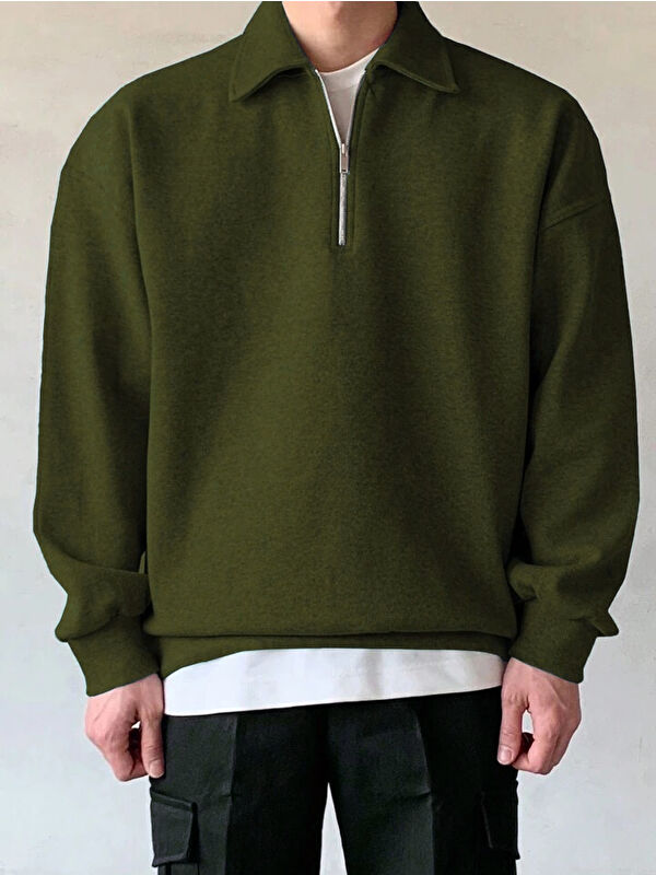 Genius Store Erkek Polo Yaka Yarım Fermuar Sweatshirt Oversize-Sweatshirt