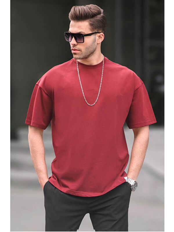 Madmext Erkek Bordo Oversize Fit Basic %100 Pamuk Tişört 6066