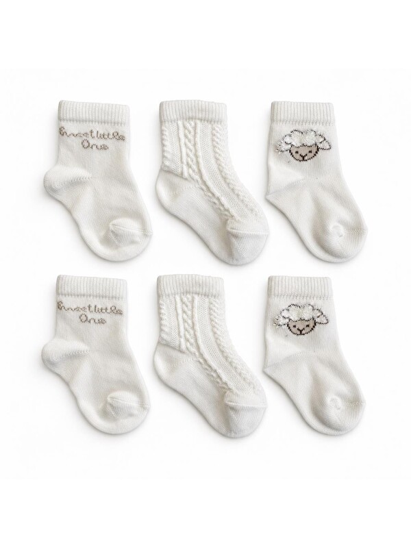 BabyCosy Organic  Bebek 6'lı Kuzu Detaylı Çorap