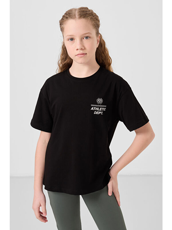 Tommylife Siyah Pamuklu O Yaka Oversize Fit Baskılı Kız Çocuk T-Shirt - 75178