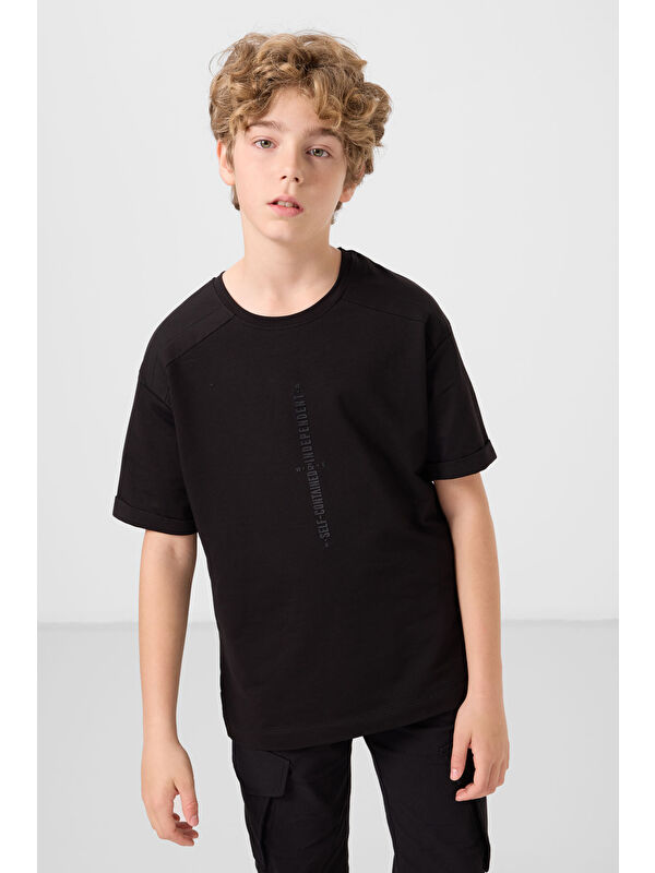 Tommylife Siyah Pamuklu Yumuşak Dokulu Oversize Baskılı Erkek Çocuk T-Shirt - 11301