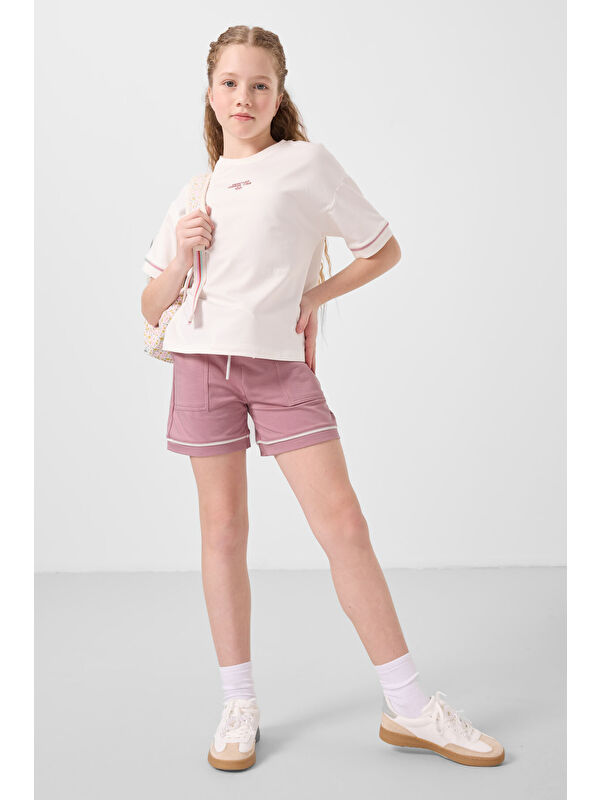 Tommylife Ekru-Gül Kurusu Pamuklu Yumuşak Dokulu Standart Fit Basic Kız Çocuk Şort Takım - 75183