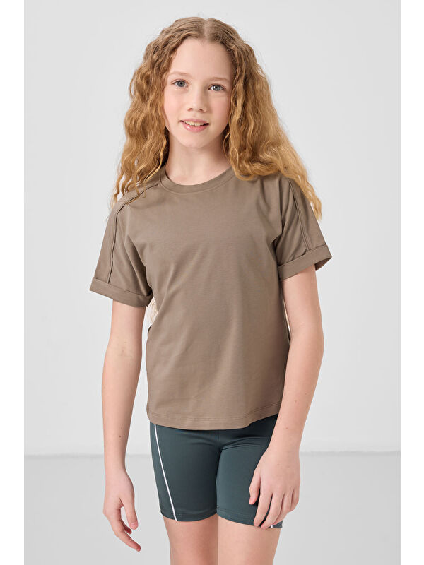 Tommylife Koyu Bej Pamuklu O Yaka Oversize Fit Basic Kız Çocuk T-Shirt - 75182