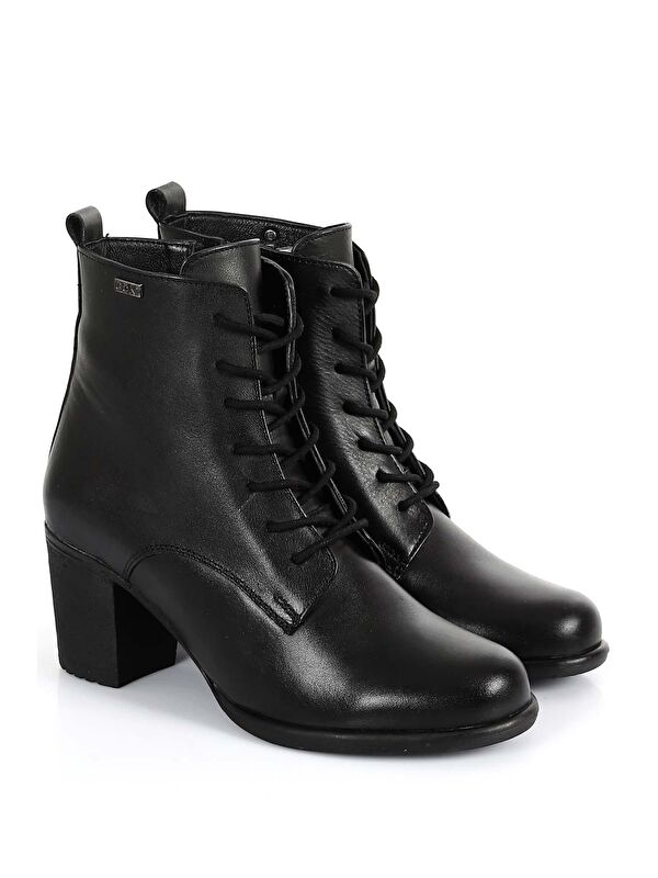 SİYAH Hakiki Deri Yuvarlak Burun Topuklu Kauçuk Taban Fermuarlı Bağcıklı Kadın Günlük Bot 10407 - Görsel 3