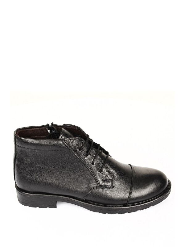 SİYAH Hakiki Deri Yuvarlak Burun Kauçuk Taban Bağcıklı Fermuarlı Günlük Erkek Bot 01223 - Görsel 3