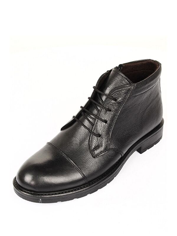SİYAH Hakiki Deri Yuvarlak Burun Kauçuk Taban Bağcıklı Fermuarlı Günlük Erkek Bot 01223 - Görsel 4