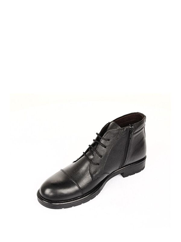 SİYAH Hakiki Deri Yuvarlak Burun Kauçuk Taban Bağcıklı Fermuarlı Günlük Erkek Bot 01223 - Görsel 6