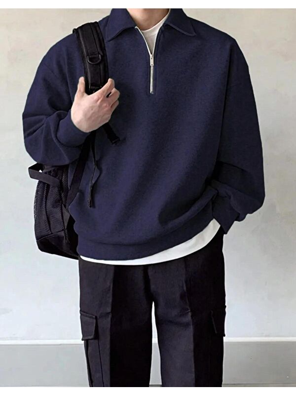 Genius Store Erkek Polo Yaka Oversize Yarım Fermuar Sweatshirt Oversize-Sweatshirt