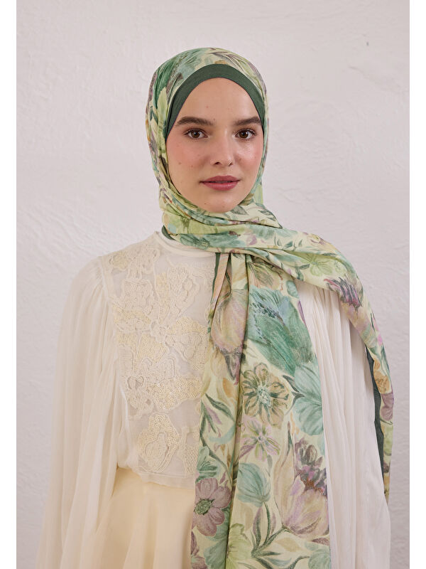 Fresh Scarfs Koyu Yeşil Vıntage Garden Desen Rami Şal