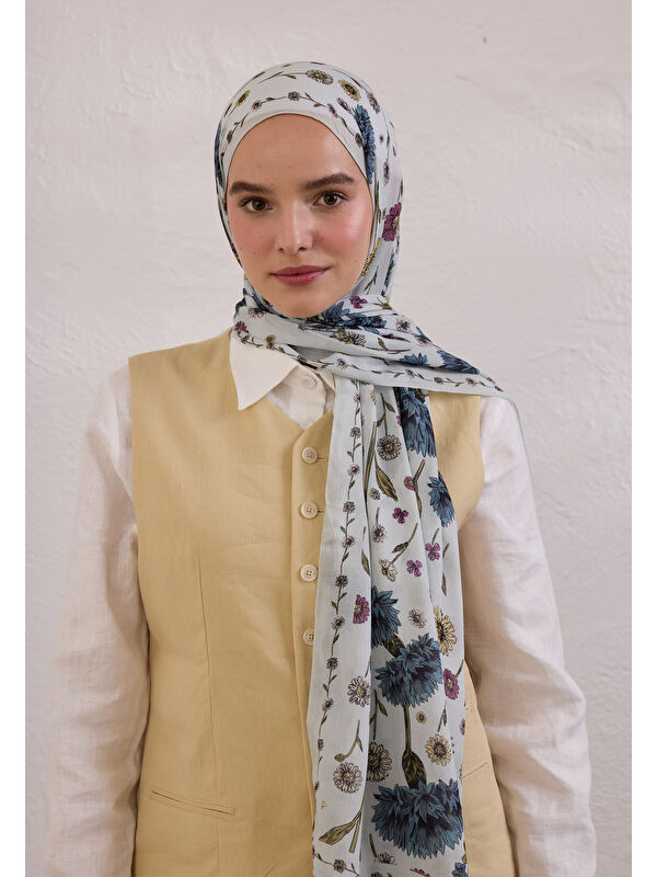Fresh Scarfs Bloomıng Dahlıa Desen Rami Şal Soft Mavi
