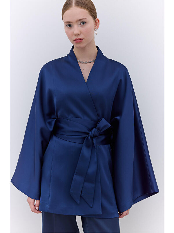 Manuka Saten Kemerli Kimono Lacivert
