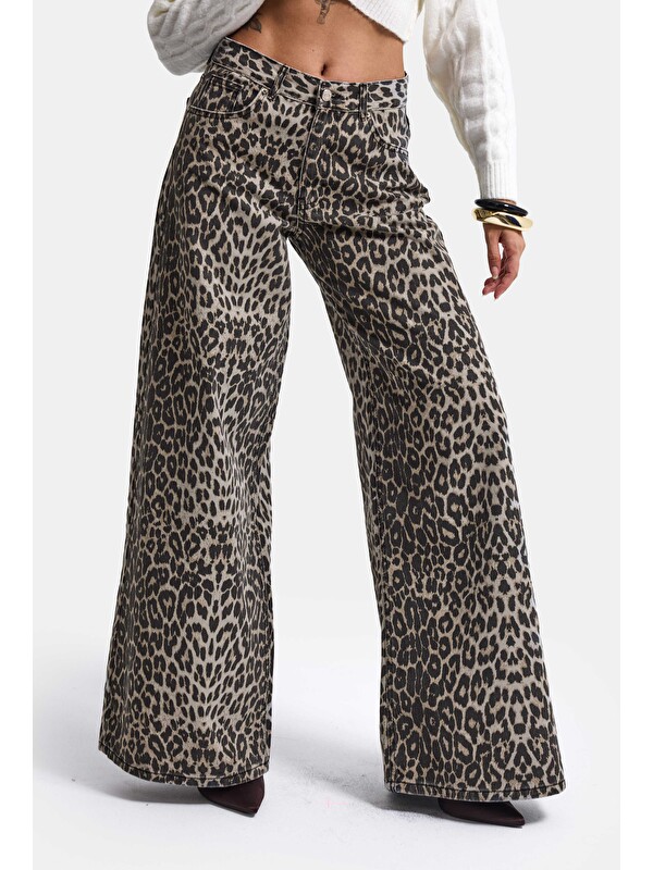 It's Basic Kadın Leopar 1w6-26 Palazzo Fit Özel Desen Denim Jean