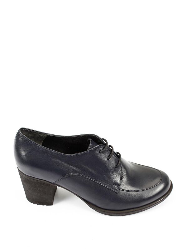 LACİVERT Hakiki Deri Yuvarlak Burun Kalın Orta Topuklu Kauçuk Taban Bağcıklı Kadın Ayakkabı 24071 - Görsel 5