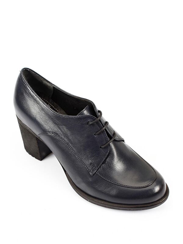 LACİVERT Hakiki Deri Yuvarlak Burun Kalın Orta Topuklu Kauçuk Taban Bağcıklı Kadın Ayakkabı 24071 - Görsel 6